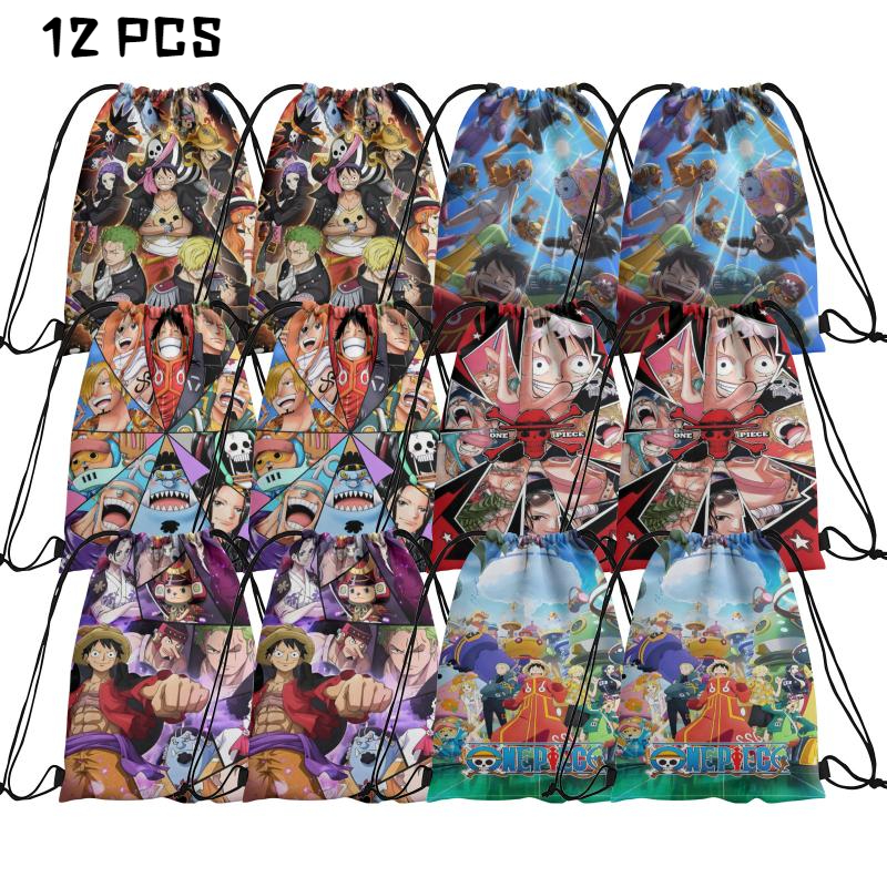 Tiruiarec 12 Packs One Piece Anime Candy Drawstring Bag Drawstring Goodie Favor Bags for Boys and Girls Cartoon Birthday Party Decorations